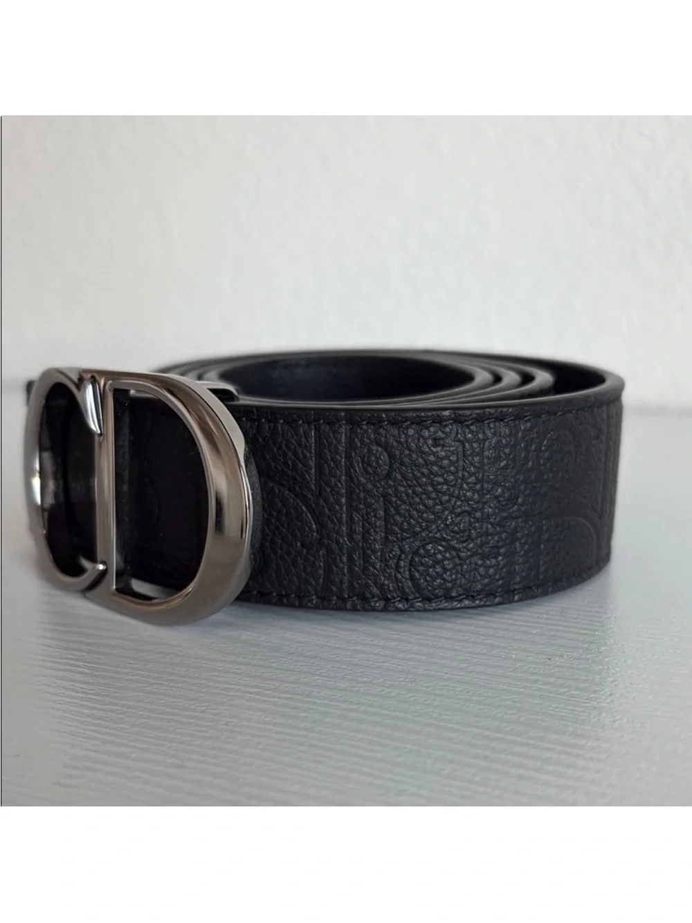 Christian Dior Black Leather Belt with Chrome CD Buckle 36”